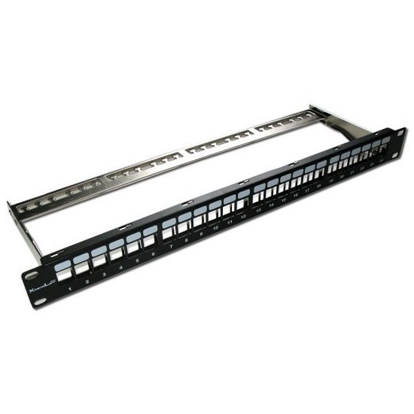 XtendLan Patch panel 19", 24 portů, neosazený, stíněný, černý, Cat5e/6/6A/7,odnimatelný vyvazovák