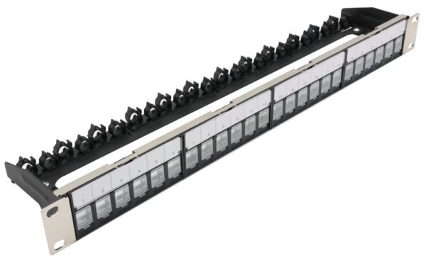 XtendLan Patch panel 19", 24 portů, neosazený, stíněný, černý, Cat5e/6/6A/7, vyvazovák, akce 10+1ks za 1Kč